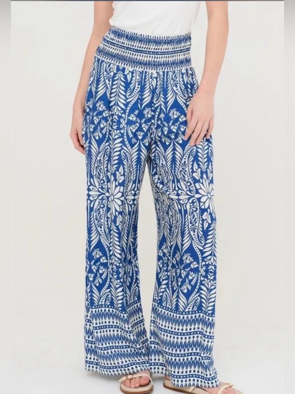 Hyfve Blue & White Smocked Patterned Wide-Leg Pants *NWOT